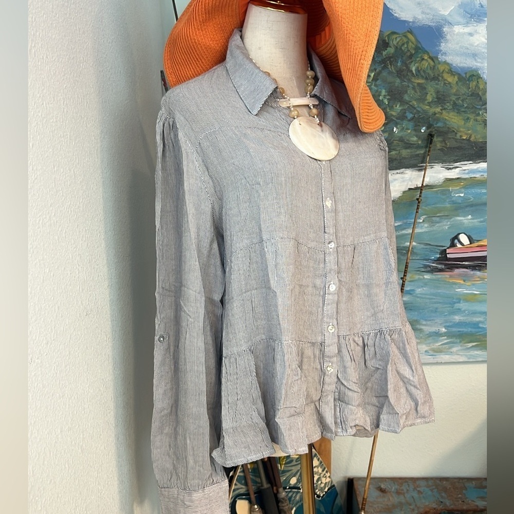 LOVE NOTES, Blue Pinstripe Adjustable Sleeves, Ruffle Tiers, Size XL